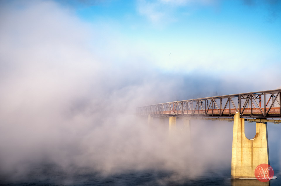 fog bridge winter river edmonton photographer