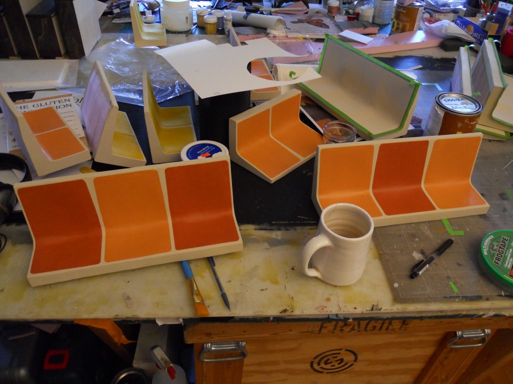 Subway seats -step 3. Careful taping then painting to get the right look. 