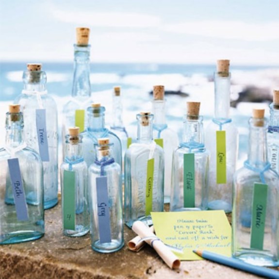 message in a bottle coastal wedding place cards