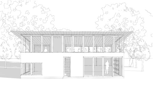 north elevation: office over guest suite to the left/studio to the right