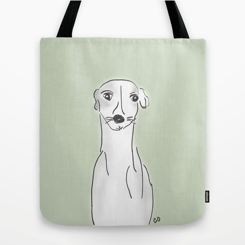 Daisy, the Greyhound Tote Bag: Daisy is a gentle and loyal dog. She wants nothing more than to be your companion—rain or shine. Original artwork by me, Chris Olson.  Available in three sizes 16"x16" shown here and, 13"x13" and  18"x18".