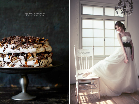 snickers and brownie pavlova with a bride in ballet shoes