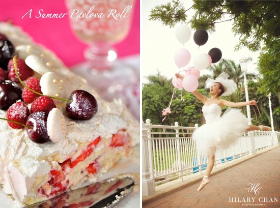 summer pavlova roll with a ballerina bride and balloons