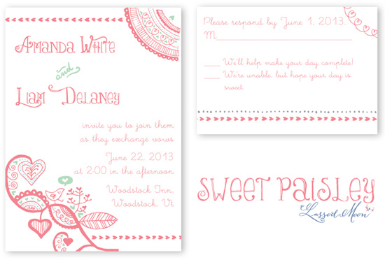 Paisley wedding invitation with hearts and love birds from Lasso'd Moon