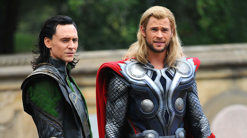 Tom Hiddleston as Loki and Chris Hemsworth as Thor.