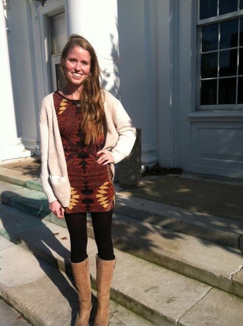 Sally is a Senior from Greenville, DE majoring in Fashion Merchandising. She's wearing a Free People dress, black Urban Outfitters tights, Steve Madden boots and a H&M sweater.