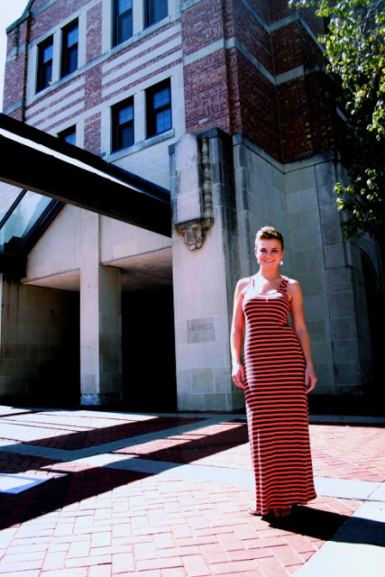 University of Kansas student wears a red and black striped maxi dress