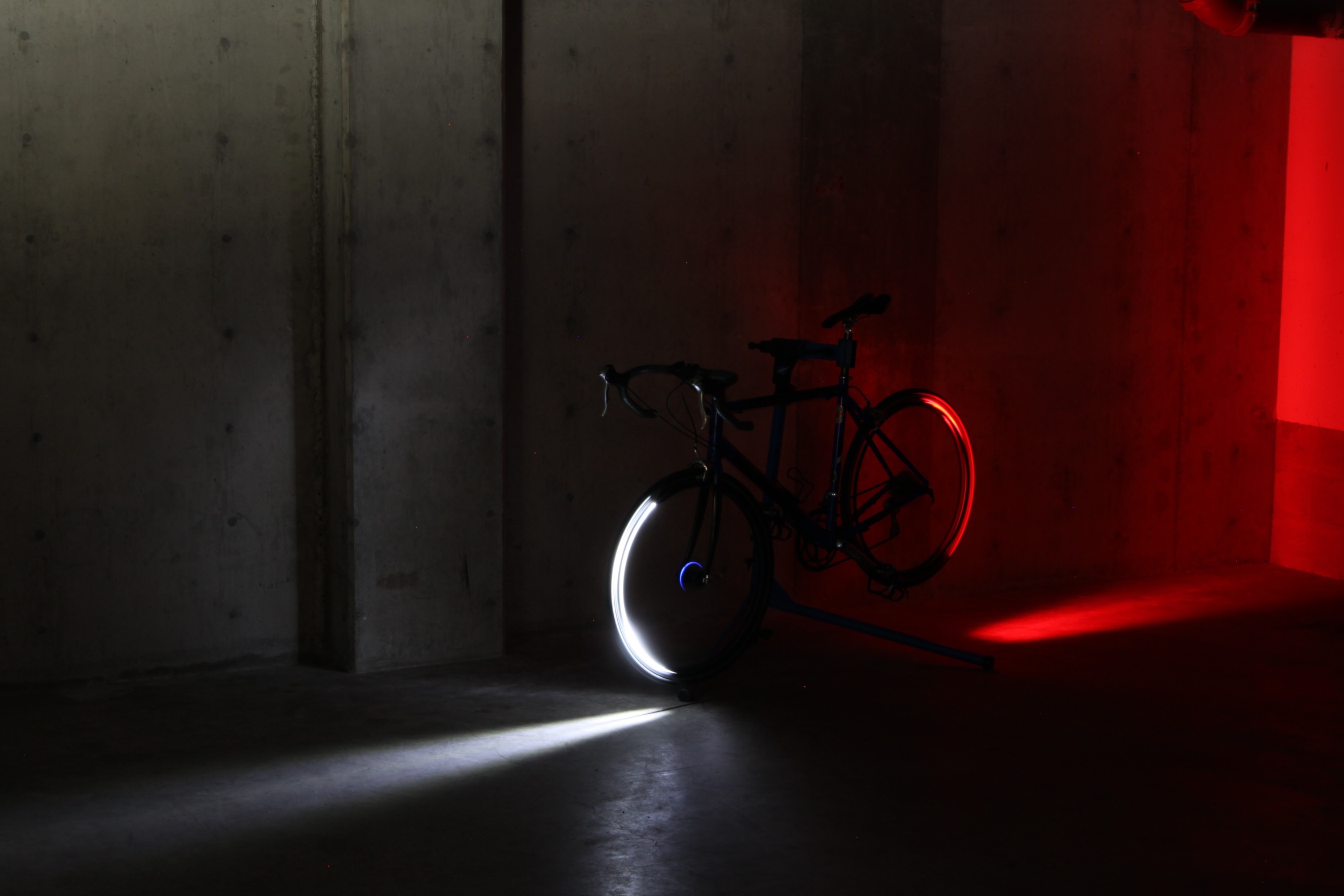 bike, bicycle, tron bike, bicycle lights, bike lights, revolights, red light, white light, shadow