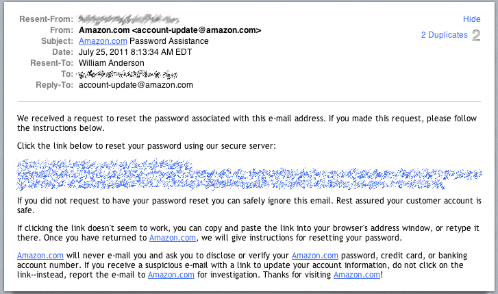 Not My Amazon.com Account - Change Password Request