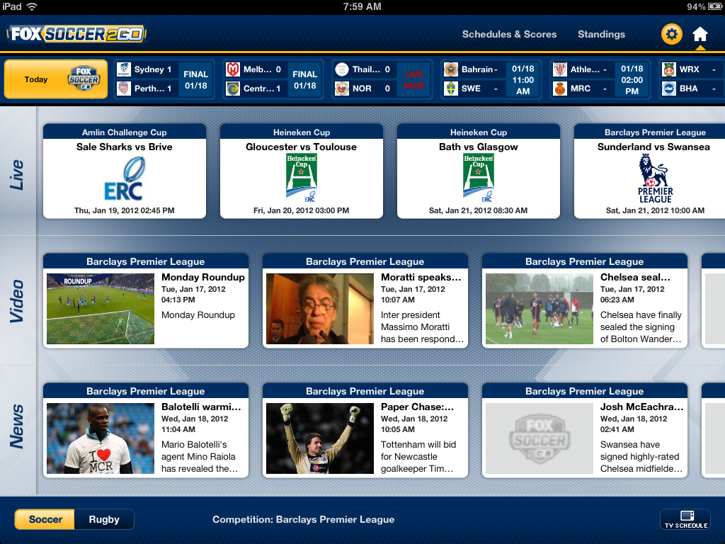 FOX Soccer 2Go for iPad for iPad: Home Screen