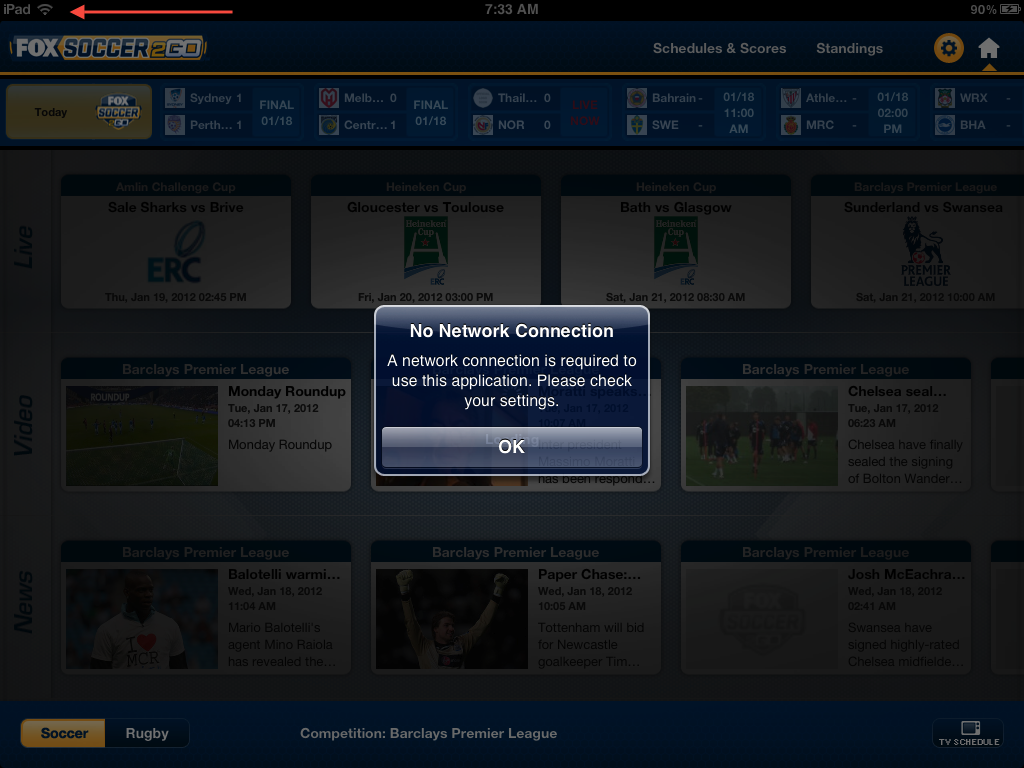 FOX Soccer 2Go for iPad for iPad: No Network?