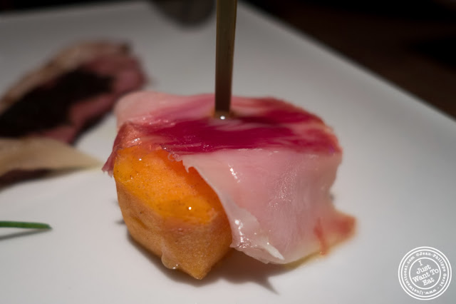 image of Iberico ham and persimmon fruit at Jukai, Japanese restaurant Midtown East, NYC, New York