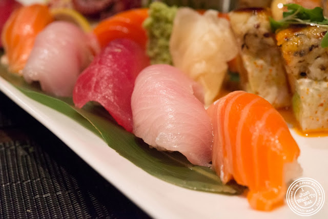 image of salmon, yellowtail (bon-hamachi) and big eye tuna sushi at Aji 53, Japanese restaurant in Brooklyn, New York