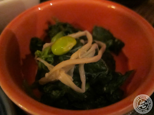 image of Spinach, enoki mushrooms and edamame at East Japanese Restaurant in NYC, New York