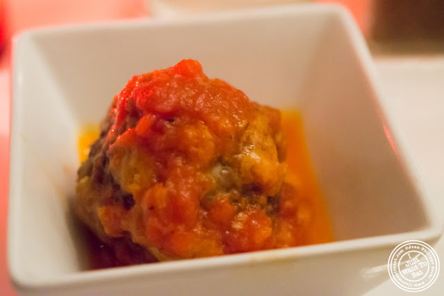 image of beef meatball and tomato sauce at Giano Italian restaurant in the East Village - NYC, New York