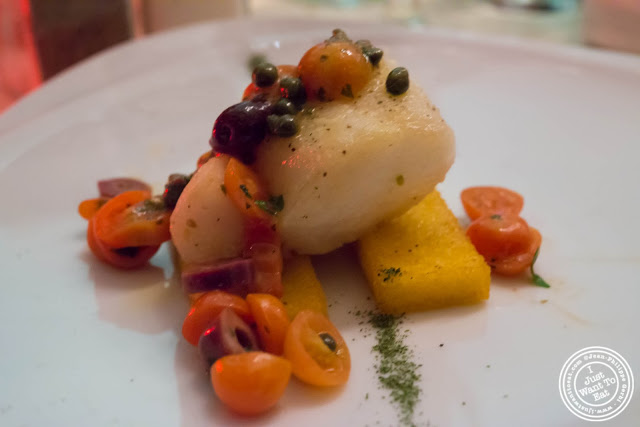 image of seared cod with olives, tomatoes and capers at Giano Italian restaurant in the East Village - NYC, New York