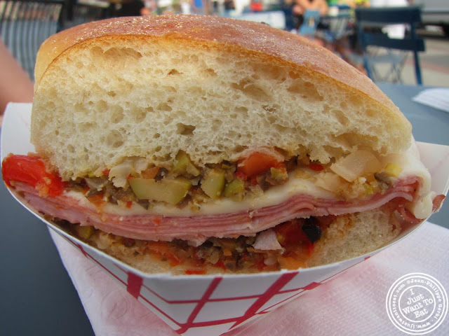 image of Muffelata sandwich at The French Quarter food truck at Pier 13 in Hoboken, NJ