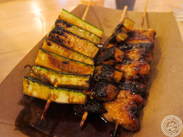 image of Vegetable and pork belly skewers at Bambootori, Japanese Yakitori in NYC, New York
