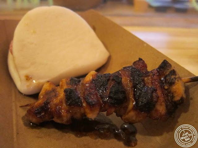image of  pork belly skewer and steamed bun at Bambootori, Japanese Yakitori in NYC, New York