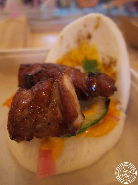 image of  pork belly skewer and steamed bun at Bambootori, Japanese Yakitori in NYC, New York