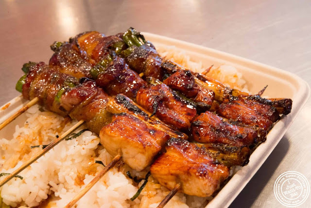 image of skewers over rice at Bambootori, Japanese Yakitori in NYC, New York