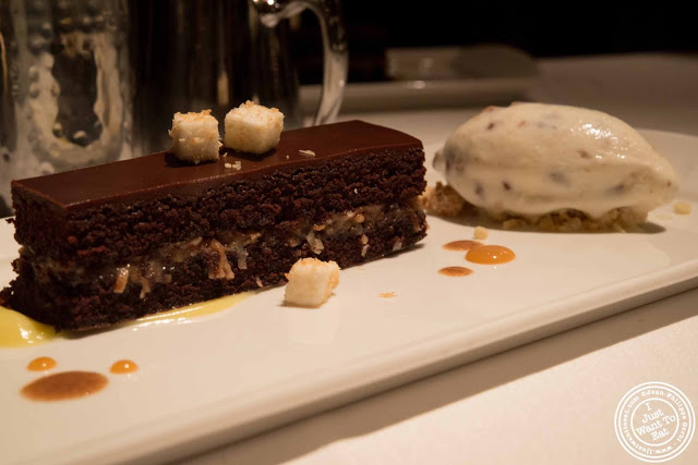image of chocolate pecan coconut cake served with butter pecan ice cream at Gramercy Tavern in NYC, New York