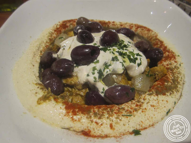 Image of chicken hummus plate at Nanoosh Mediterranean Cuisine in Greenwich Village, NYC, New York