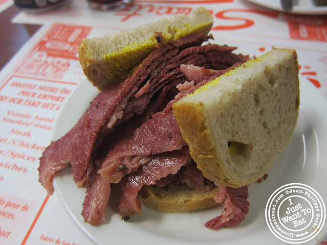 Image of pastrami or smoked meat sandwich at Schwartz's delicatessen in Montreal, Canada