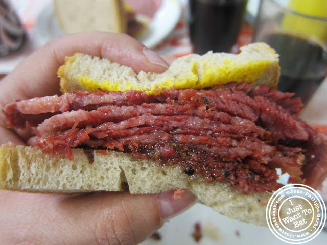 image of pastrami or smoked meat sandwich at Schwartz's delicatessen in Montreal, Canada