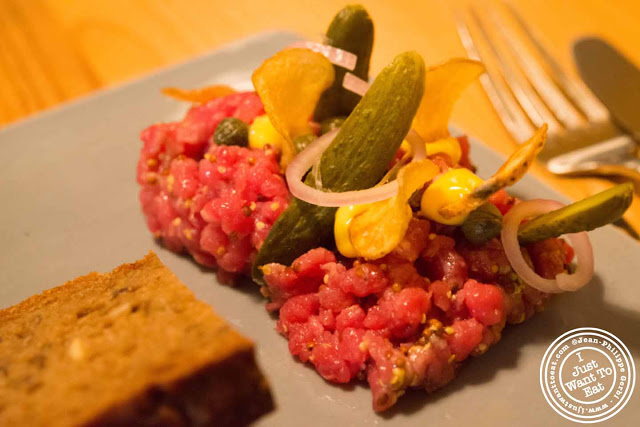 Image of beef tartare at Aamanns-Copenhagen in Tribeca, NYC, New York