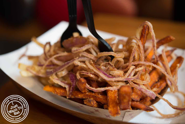 Image of Fries, sweet potato fries and onion hay at BRGR in NYC, New York