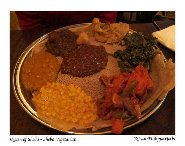 Image of Vegetarian combination plate at Queen of Sheba Ethiopian restaurant in NYC, New York