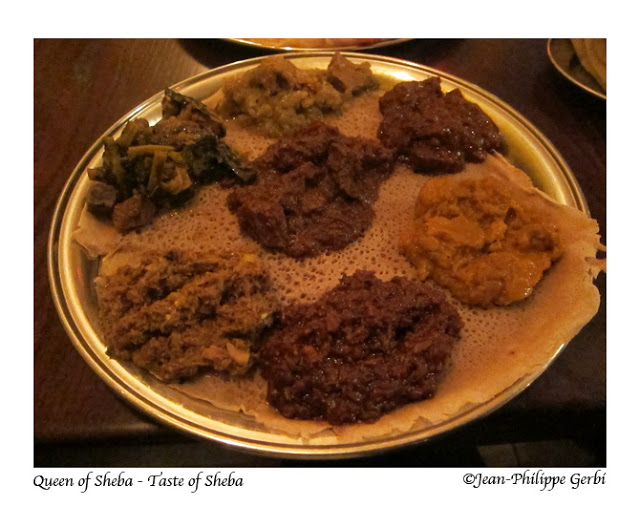 Image of Meat combination plate at Queen of Sheba Ethiopian restaurant in NYC, New York