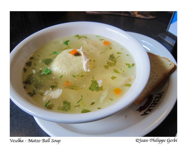 Image of Matzo Ball soup at Veselka in the East Village NYC, New York