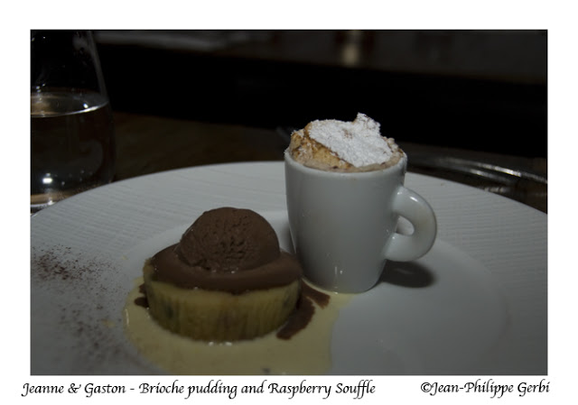 Image of Brioche pudding and raspberry souffle at Jeanne et Gaston in NY, New York