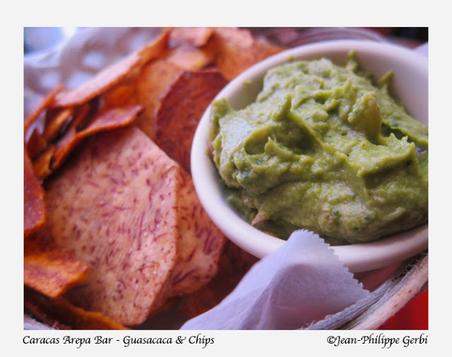 Image of guasacaca and chips at Caracas Arepa Bar in the East Village NYC, New York