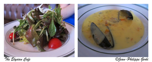 Image of Green salad and mussels chowder at Elysian Cafe in Hoboken, NJ New Jersey